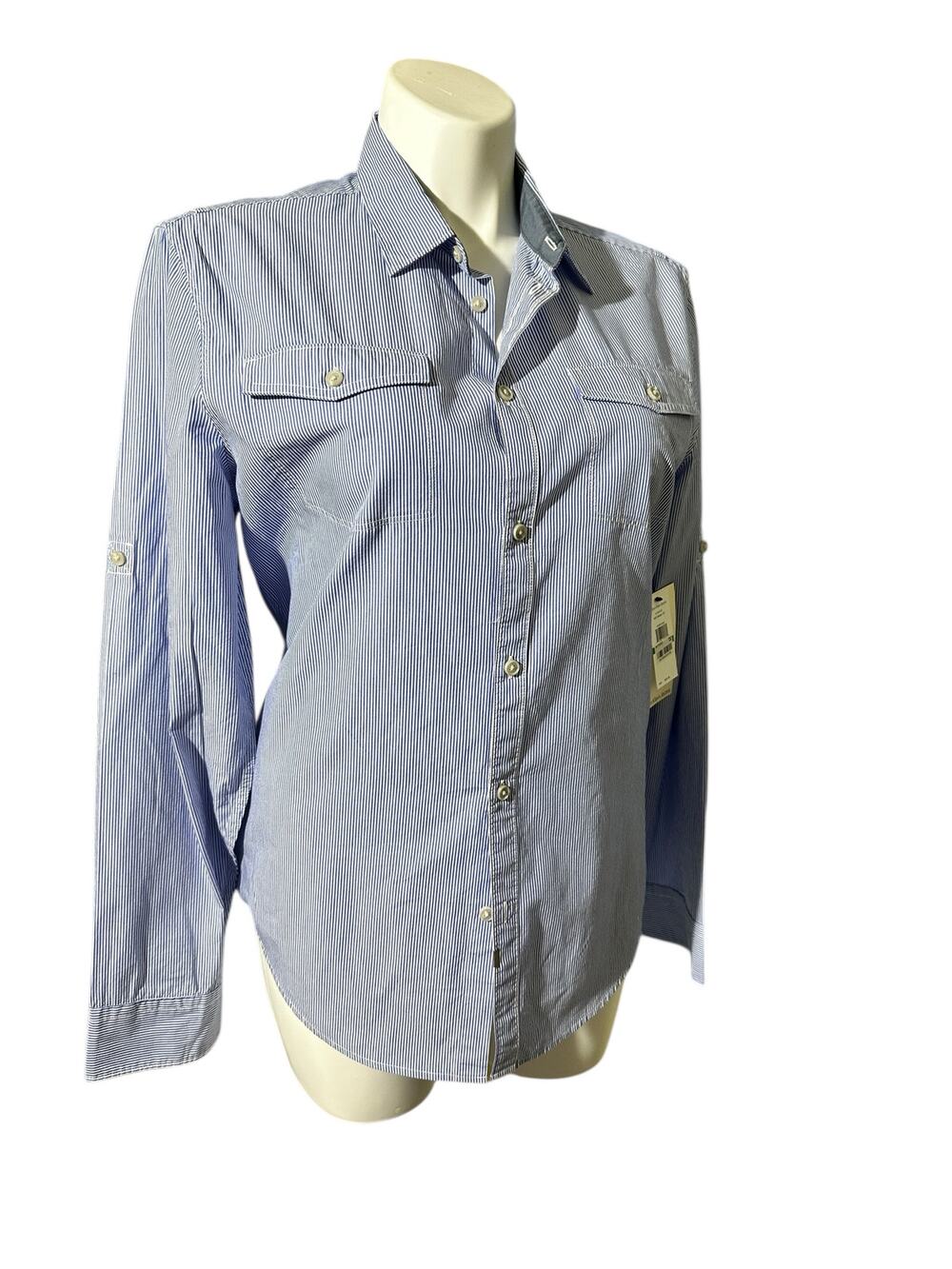 Calvin Klein Blue White  Classic Striped Button Down Shirt NWT Roll Tab Sleeve